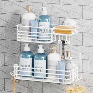 TAILI Shower Caddy Suction Cup 2 Pack with Hooks & Soap Holder, Heavy Duty Shower Organizer for Bathroom, No Drilling Bathroom Organizer with Large Capacity, Metal Storage Holder-White