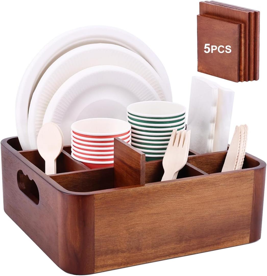 Bonfixe Acacia Wood Utensil Holder, Silverware Organizer Caddy with 4 Anti-Slip Pads, 5 Removable Dividers Utensil Organizer for Kitchen Counter, Party, and Picnic