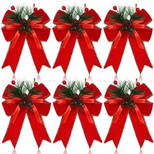 Syhood 6 Pcs Christmas Bows with Pine Cones Pine Needles Xmas Velvet Bows Red Ribbon Christmas Tree Wreath Decoration for Xmas Parties Indoor Outdoor Crafts DIY Decor