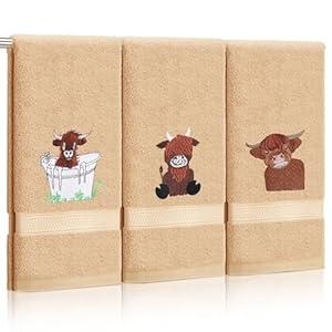 Mindsoft 3 Pcs Highland Cow Hand Towels for Bathroom 100% Cotton Farmhouse Embroidered Bath Towels Cute Decorative Kitchen Towel Decor Absorbent Highland Cow Towel Housewarming Gift, 29.5 x 13.7''