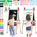 WOOD CITY Easel for Kids, Adjustable Standing Art Easel with Painting Accessories Wooden Chalkboard & Magnetic Whiteboard & Painting Paper Stand, Toddler Art Set Easel for Toddlers 2-12 Year Olds