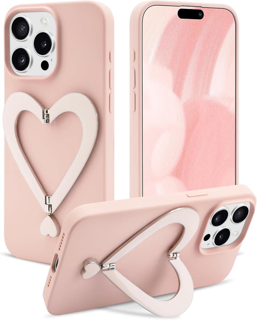 Jusy Case for iPhone 15 Pro, Cute Heart with 3D Heart Stand Slim Fit Liquid Silicone Soft Anti-Scratch Microfiber Lining Shockproof Protective Phone Cover for Girly Women Case - Pink