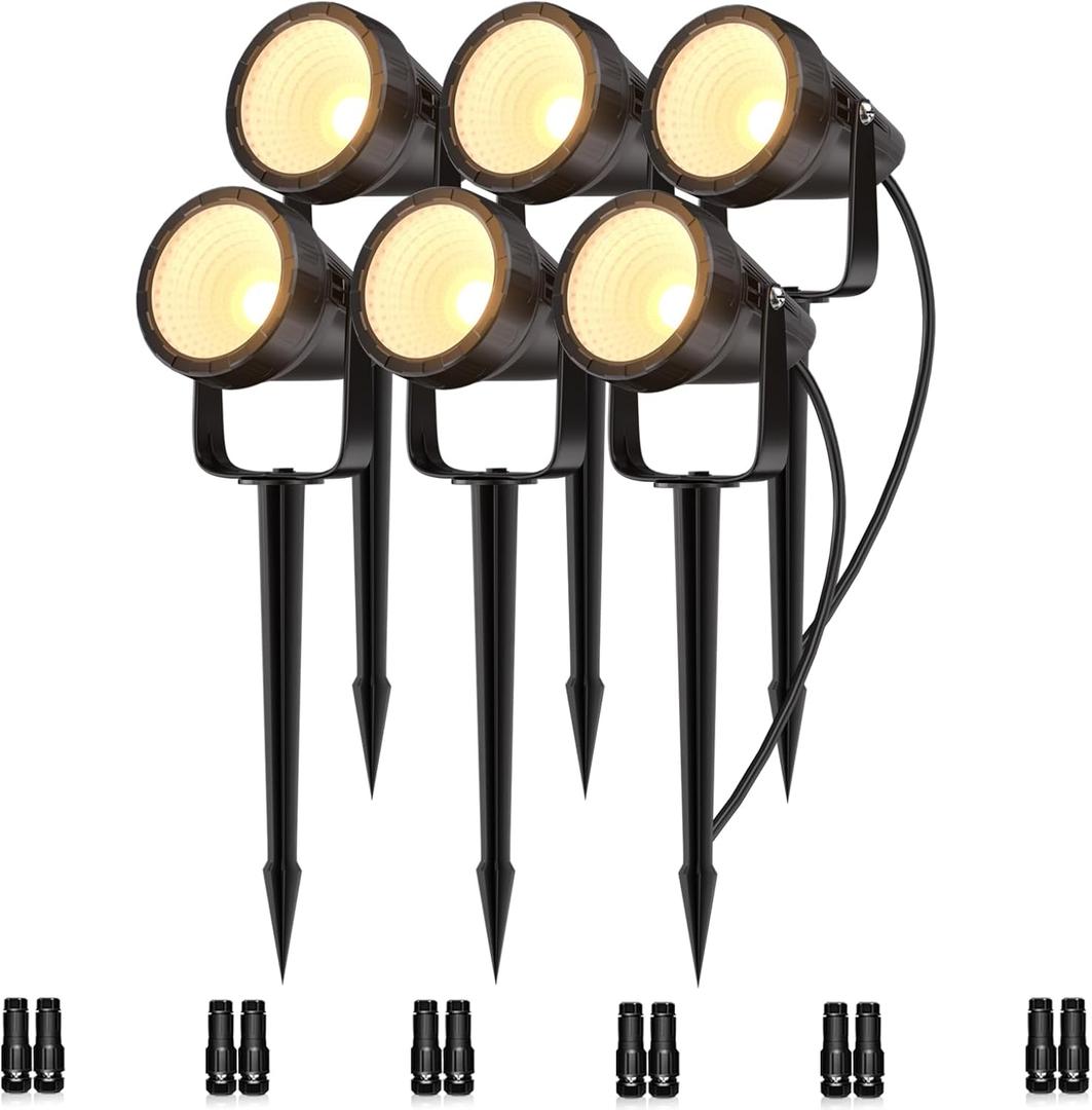 Outdoor Landscape Lighting - 6Pack Outdoor Spot Lights with Connectors & Transformer for Yard Plant Lawn Tree Flags House Garden Fence - 7W Warm Yellow 3000K Spotlights with IP65 Waterproof