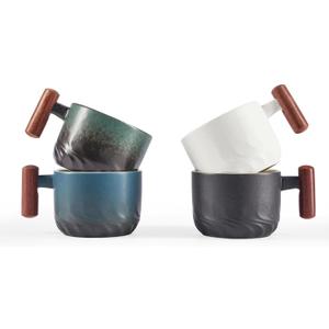 6 Oz Ceramic Espresso Mugs with Wooden Handle, Demitasse Cups for Double Shot Latte Cappuccino Lungo Tea Bag Beverage, Espresso Cups Set of 4 (Multicolor)