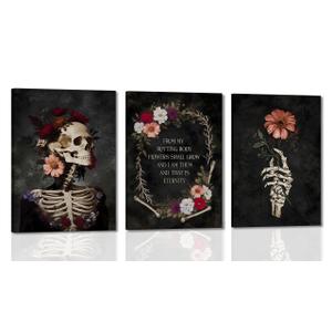 3pc Framed Gothic Floral Skull Canvas Wall Art