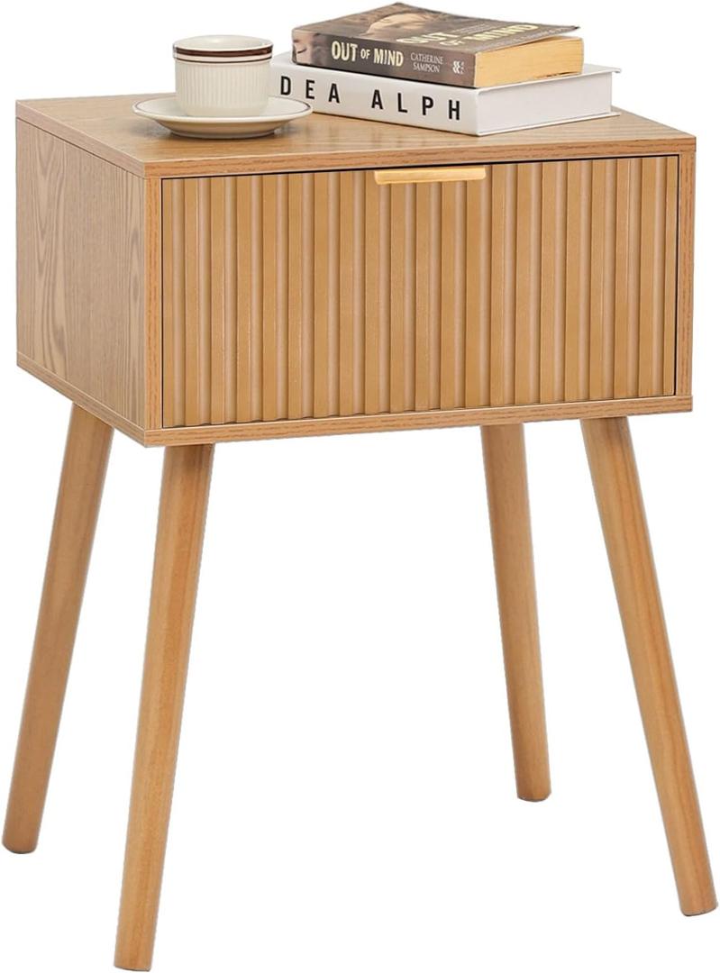 AWASEN Fluted Nightstand, Small Bedside Table with Storage Drawer, Accent End Table Living Room for Bedroom and Small Space, Brown