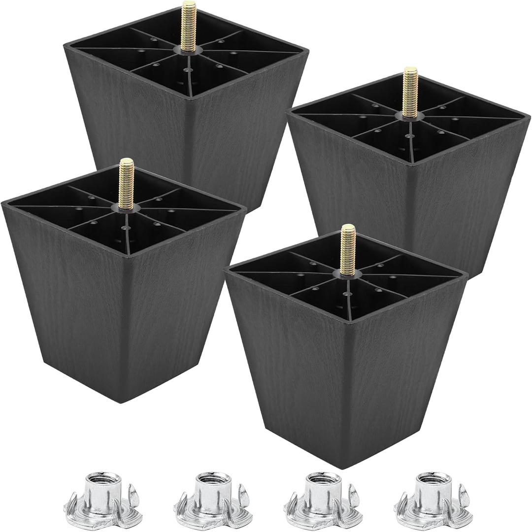 Luomorgo 4 Pcs 4 Inch Plastic Table Legs, Black Tapered Furniture Legs, Square Sofa Replacement Legs M8 Threaded with T-Nuts, Heavy Duty Furniture Legs for Couch, Cabinets, Dressers, Chair