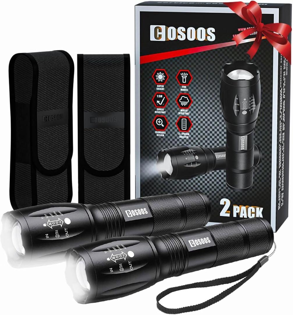 COSOOS 2 Tactical Flashlights with Holsters, Bright LED Flashlight 1000 Lumen, 5 Mode Portable Zoomable Waterproof Flash Light for Hiking, Outdoor Camping Gear Essential, No AAA Battery (2-Pack)