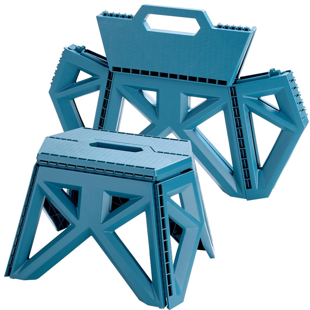 9.2" Blue Collapsible Step Stool - Non-Slip, Hold Up to 300 lbs, Portable Plastic Footstool with Handle | Easy Fold/Open Design for Kitchen, Bathroom, Camping & Home Use