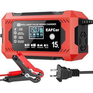 EAFCar 15-Amp Battery Charger, 12V Trickle Charger Car Battery Charger, Smart Automatic Lead Acid Charging with Temperature Compensation for Car Truck Lawn Mower Boat Marine(15A)