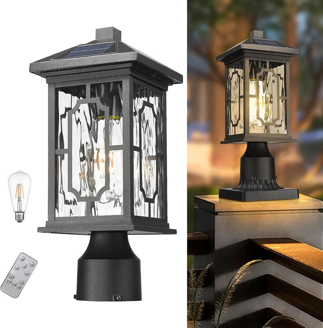 Solar Outdoor Post Light,Dusk to Dawn Aluminum Lamp Posts with Remmote,Waterproof Exterior Pillar Lantern with Water Ripple Glass for Pathway Garden Patio Gargae, 2700K LED Bulb Included