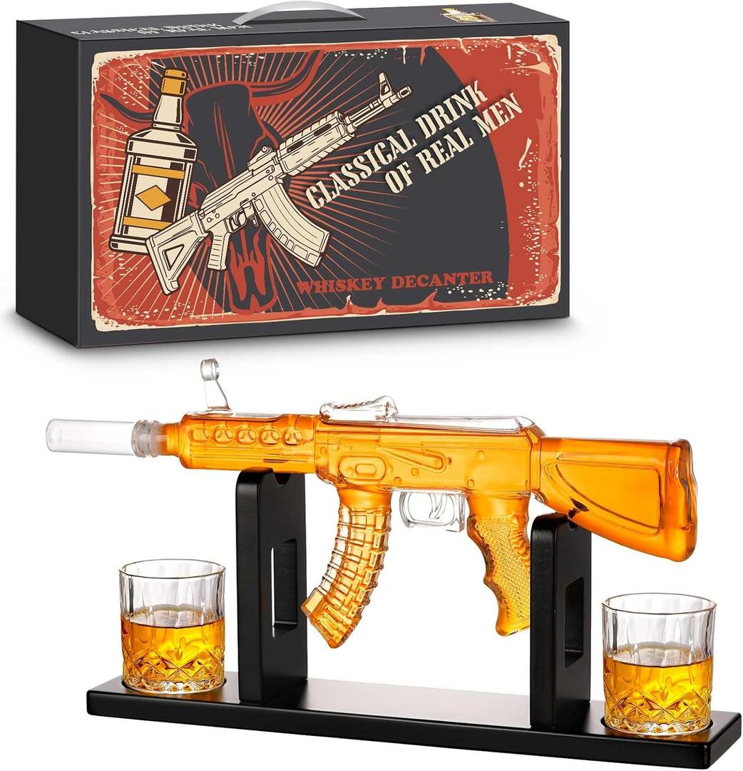 Whiskey Decanter AK47 Set with 2 Whiskey Glasses, Gifts for Men Dad Fathers Day, Unique Anniversary Birthday Gift for Him Husband, Cool Personalized Presents liquor dispenser for Home Bar (12 Oz)