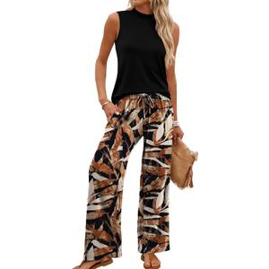 WIHOLL Two Piece Set for Women Summer Spring Outfits Cruise Travel Airport Beach Vacation Mock Neck Wide Leg Pants Set (Black) L