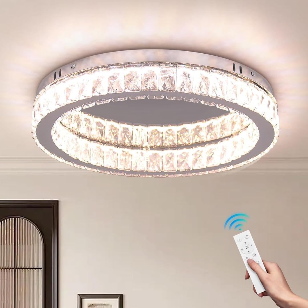 Finktonglan Dimmable Crystal LED Flush Mount Ceiling Light, 17.7" Modern Round Low Profile Chandelier, 48W, Remote, 30006500K Tunable White, K9 Crystal & Stainless Steel for Living Room Dining Room