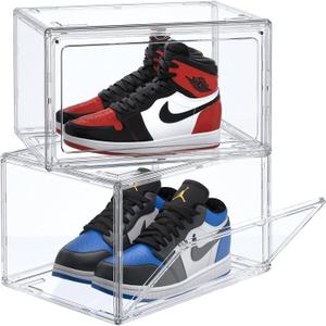 2-Pack Acrylic Clear Stackable Shoe Boxes - 360 Clear Acrylic Display Shoes Boxes - Fully Transparent Display Box with Magnetic Door - Size 14