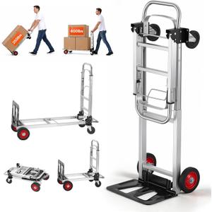 Aluminum Folding Hand Truck, 2 in 1 Design 400 lbs Capacity, Heavy Duty Industrial Collapsible cart, Dolly Cart with Rubber Wheels for Transport and Moving in Warehouse, Supermarket, Garden