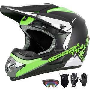 Youth Kids Dirt Bike Motocross Helmet (Goggles Gloves Face Mask) 4PCS Set, DOT Approved Boys Girls Full Face Motorcycle Helmets, ATV BMX MX Mountain Bike Off Road Kid Helmet (Green, L)