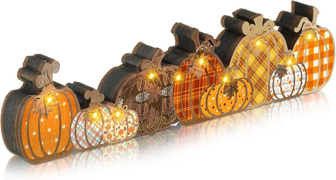 Yousoontic Thanksgiving Fall Pumpkin Decor Table Centerpieces Halloween Wooden Pumpkin Sign Decorations with LED Lights 3D Block Autumn Harvest Farmhouse Fall Decor for Home Mantel Desk Office Party