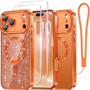 Meifigno Designed for iPhone 17 Pro Case 6.3", [Glitter Card & Wrist Strap] [Compatible with MagSafe] [2X HD Screen Protectors] Surround Raised Lens Protection for 17 Pro Case for Women,Cosmic Orange