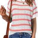 EVALESS Womens Short Sleeve Sweater Casual Crewneck Knit Shirt Tops Spring Trendy Striped Color Block Crochet Sweaters, Size: Large