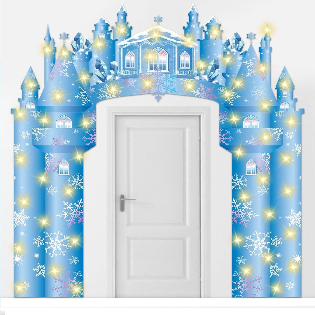 Tudomro 3 Pcs Snow Winter Castle Party Door Banner Snowflake Banner with LED Lights Winter Ice Snow Door Backdrop for Bedroom Front Porch Entryway Snowflake Birthday Party Supplies