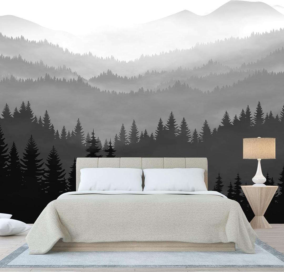 WFBHUA-Black and White Forest Mountain Wallpaper Gray Woodland Nature Landscape Wall Paper Mural for Bedroom Living Room(Not Peel and Stick) (149" x 96", Art Wall-13)