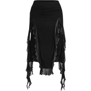 WDIRARA Women's Ruched High Slit Mesh Skirts Asymmetrical Ruffle Skirts (Medium, Black)