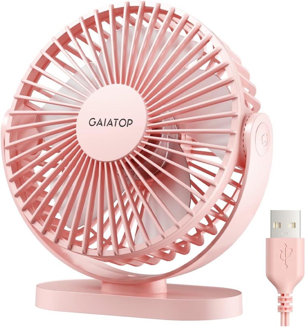 Gaiatop USB Desk Fan, 5.5 Inch Small Quiet Powerful 3 Speeds 90 Rotate, Personal Mini Portable Desktop Table Fans, Cooling for Home Office Car Travel Indoor Outdoor Pink