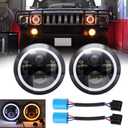 Compatible With Hummer H1 H2 AM GENERAL Pair 7Inch Headlight Lights Halo Angel Eye White DRL & Amber Turn Light With 9007 Male to H4 Female Adapter
