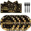 72Pcs Retirement Plates and Napkins, Black Gold Happy Retirement Party Decorations Paper Plates and Napkins with Forks Disposable Tableware Set for Men Women