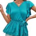 GRACE KARIN 2025 Short Sleeve Peplum Tops for Women Casual Summer Tie Wrap V-Neck Ruffle Dressy Tops 2XL