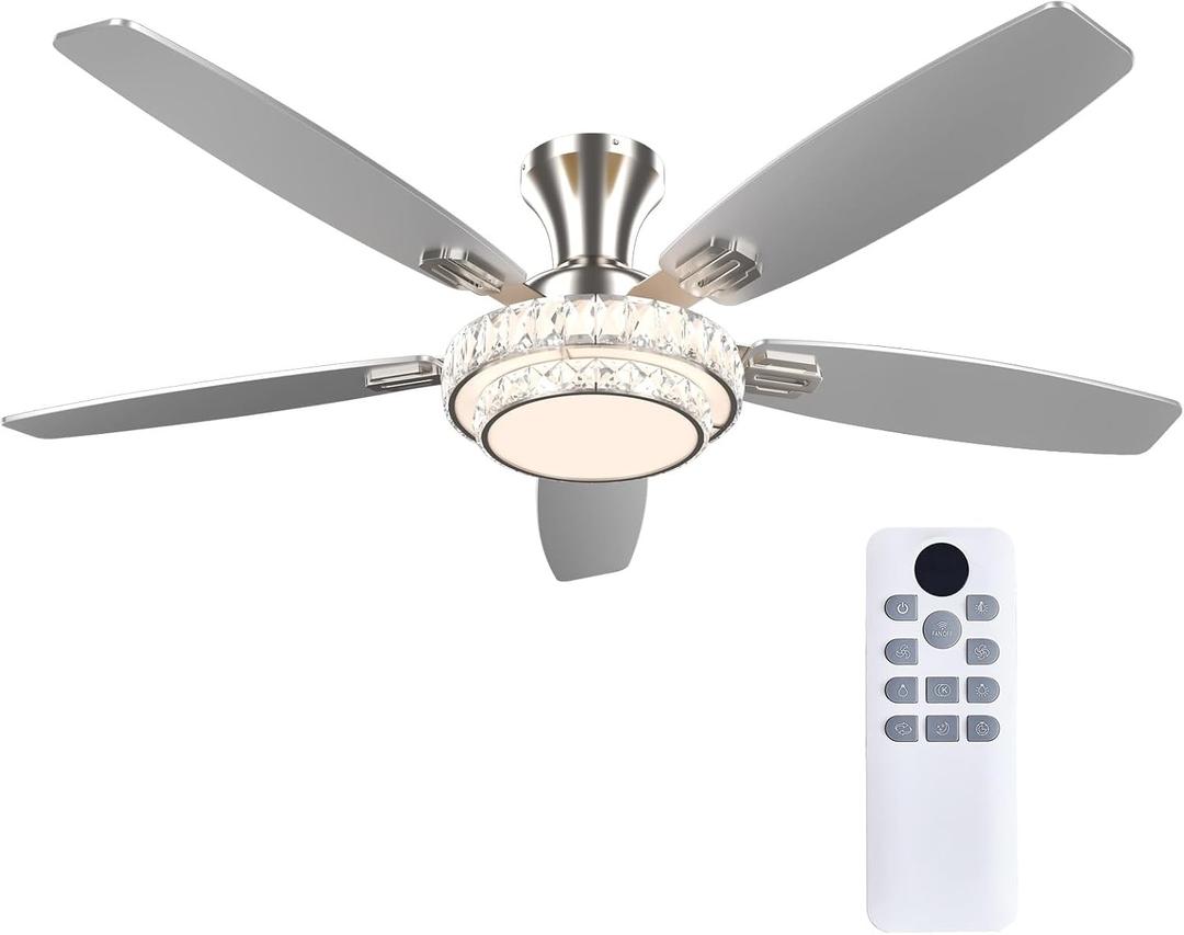 Ceiling Fans with Lights-Crystal Ceiling Fan,52" Low Profile Ceiling Fan and Remote Control, Flush Mount, Reversible, 3CCT, Dimmable, Noiseless, Brushed Nickel for Bedroom