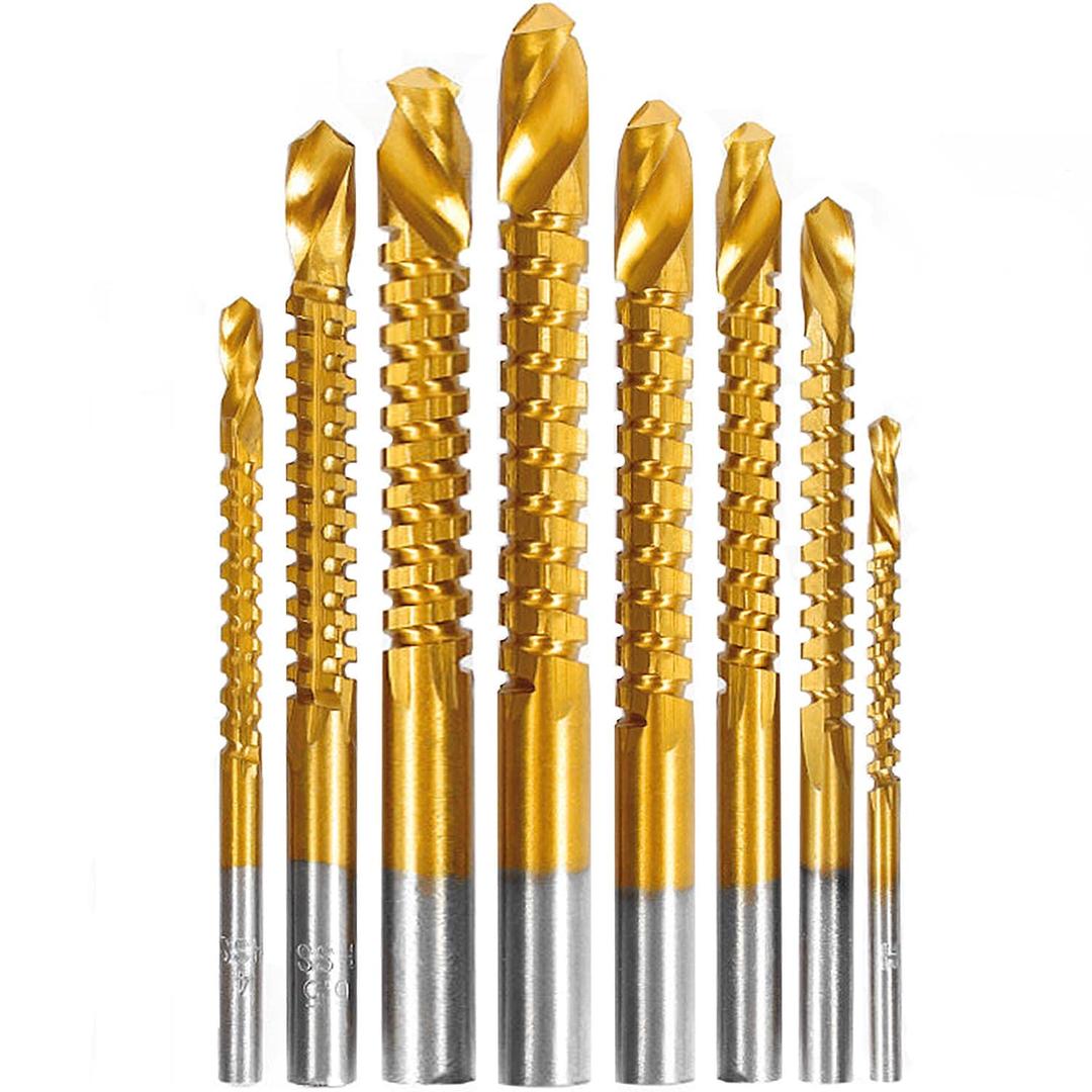 Titanium Coated HSS Twist Drill Bits - 8Pcs 3-10mm Serrated Grooving Cutting Carpenter Side Cutting Tap Spiral Saw Drill Bit Woodworking Wood Metal Plastic Hole Holesaw Tool (8)