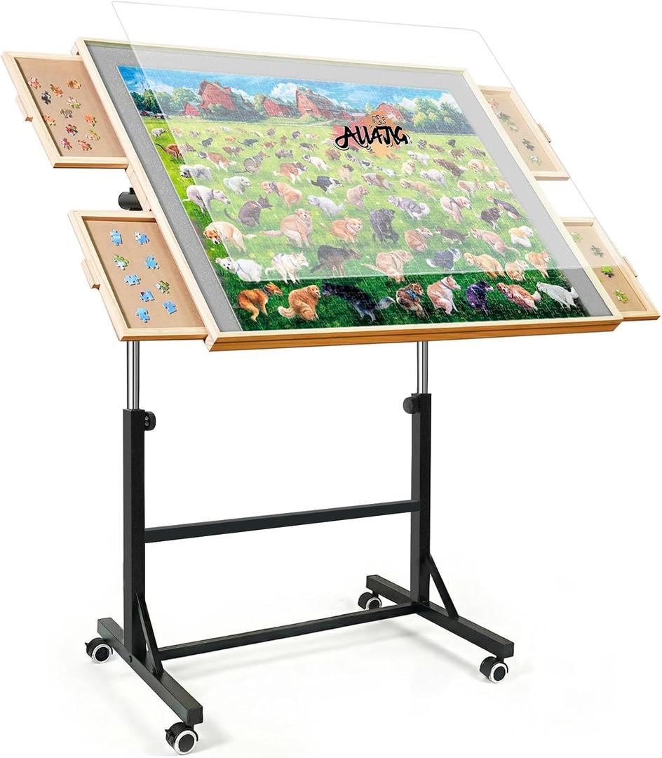 ALL4JIG 1500 Pieces Puzzle Table with Legs and Wheels,24.92"33.58" Wooden Jigsaw Puzzle Table with 4 Drawers & Cover, Upgraded Stability & Optimized Lightweight Design, Puzzles for Adults, Medium-1500pcs