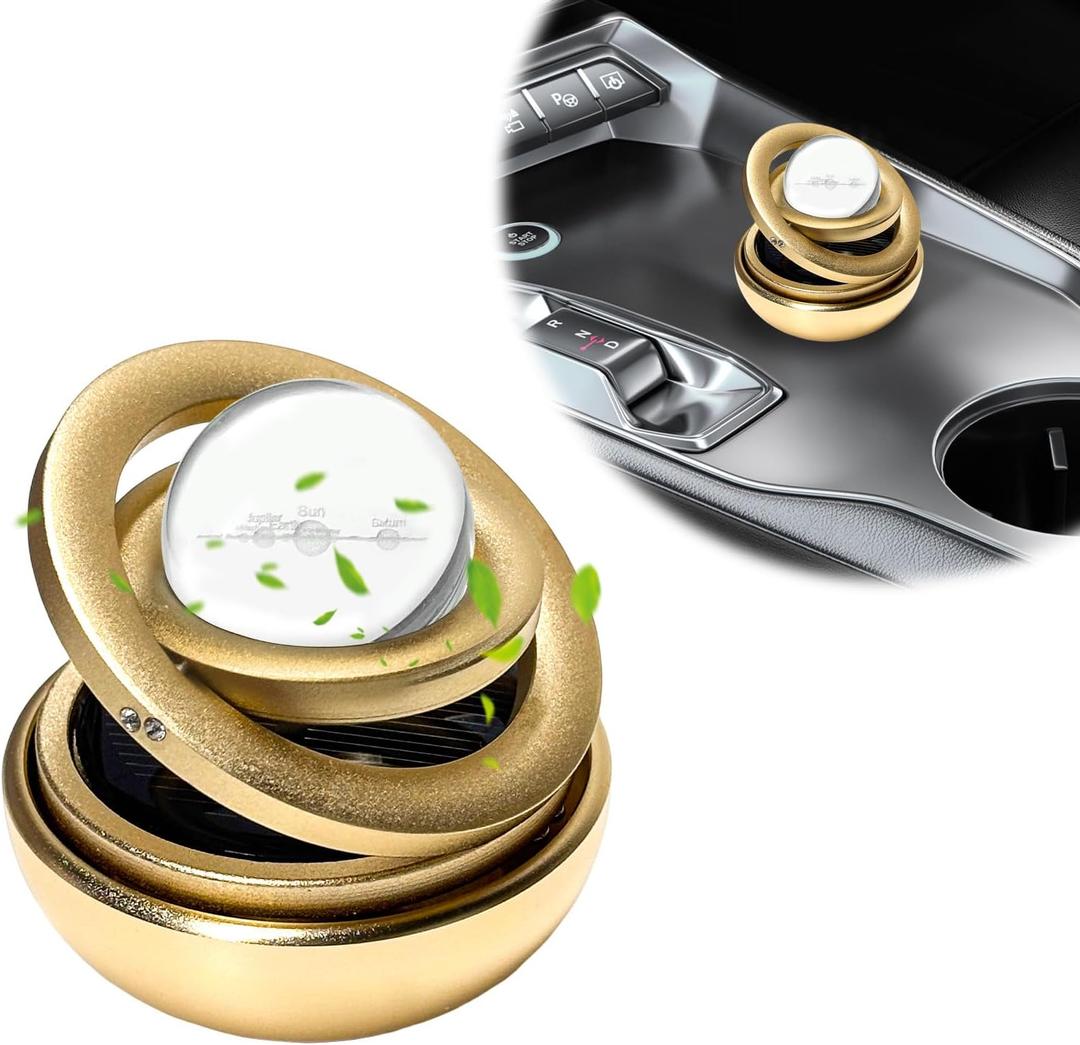 Car Solar Energy Air Freshener, Solar Powered Rotating Air Purifier Aromatherapy Diffuser, Rotatable Interior Fragrance for Car Office Home Decoration, Car Accessories (Golden)