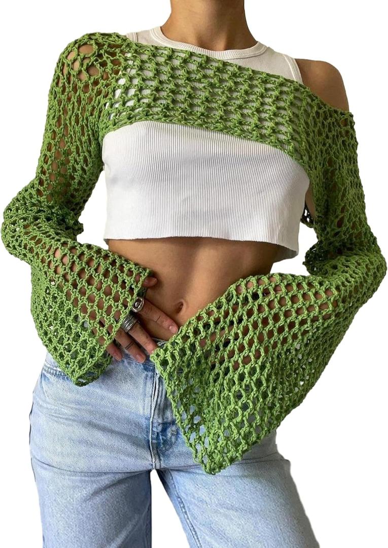 Women's Mesh Crochet Crop Top Hollow Out Long Sleeve Sweater Sexy Y2K Bikini See Through Cover Ups (Green, Large)