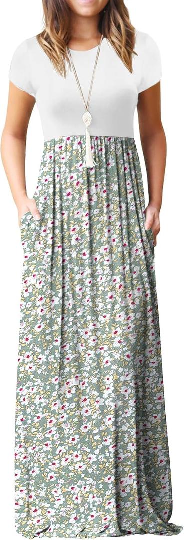 GRECERELLE Women Summer Casual Maxi Long Dress Short Sleeve Crew Neck with Pockets, Size Medium