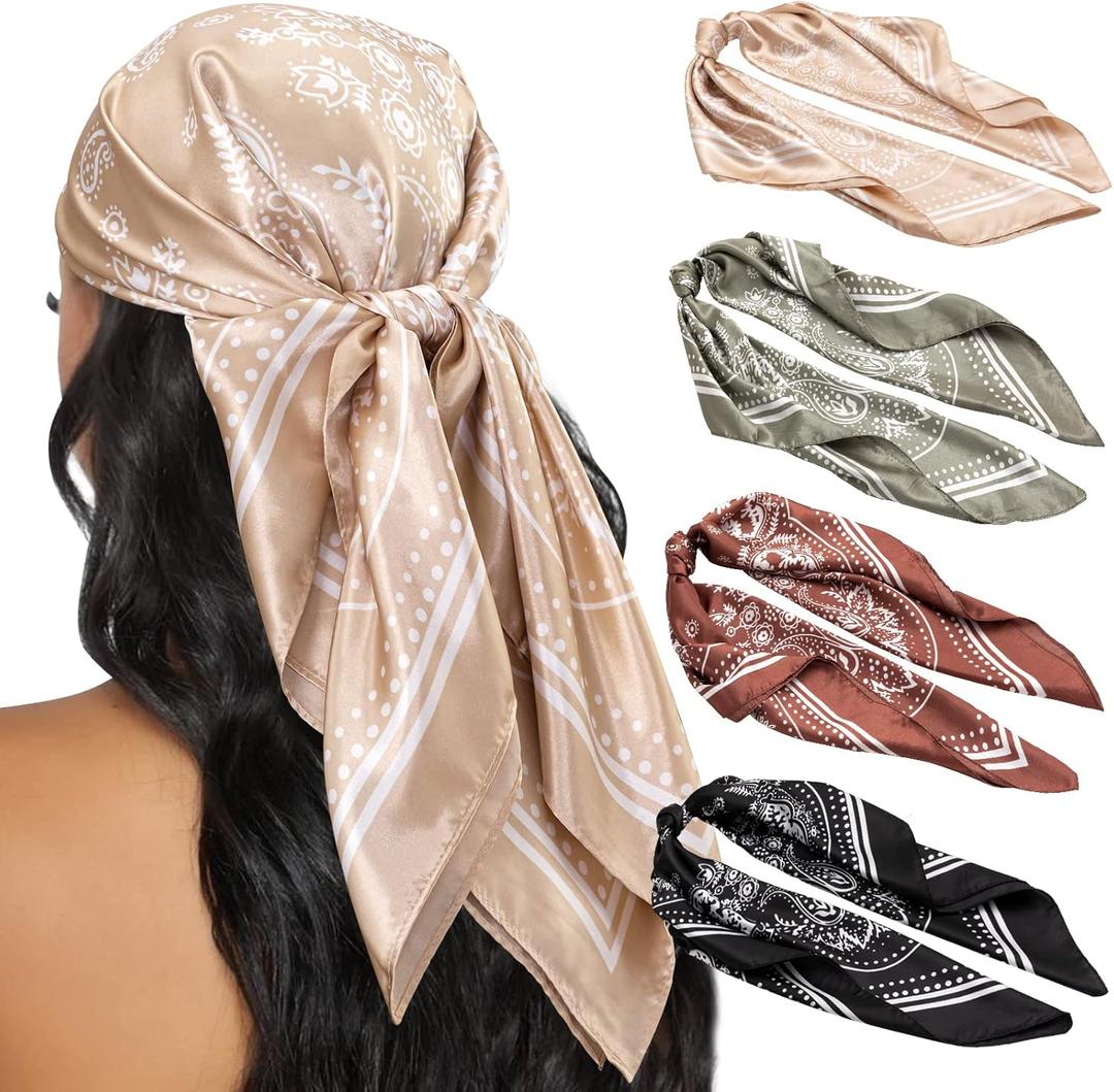 HBselect 4PCS Head Scarf for Women 35 Head Scarves Silk Like Satin Neck Scarfs Square Bandana Hair Wraps Scarf for Sleeping (Black, Light Green, Brown, Khaki)