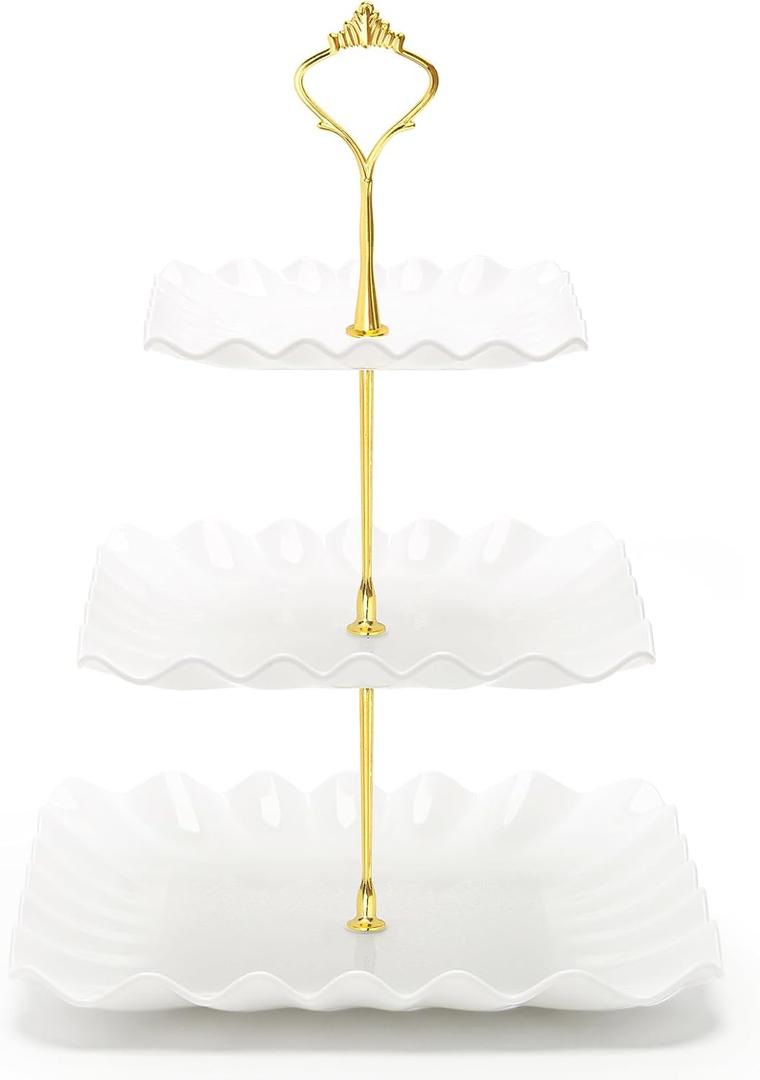 Coitak 3 Tier Cupcake Stand, Plastic Tiered Serving Stand, Square Dessert Tray for Tea Party, Birthday and Wedding (Pure White)