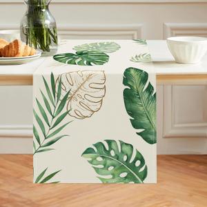 Bonhause Tropical Palm Leaves Monstera Table Runner 13x72 Inch Summer Green Plant Kitchen Dinning Table Decoration for Indoor Outdoor Home Party Decor