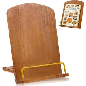 Cookbook Stand for Kitchen Counter, Adjustable Wooden Foldable Recipe Book Holder for Hands-Free Cooking, Fits Books & Tablets