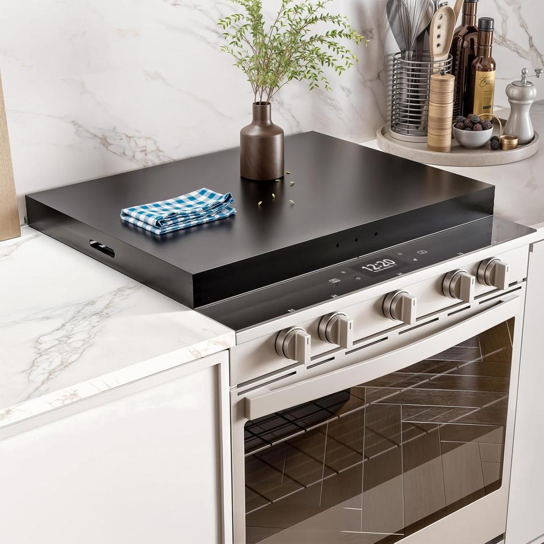 Stove Top Cover - Acacia Wood Noodle Board for Gas and Electric Stovetops - Wooden Kitchen Sink Cover for Counter Space & Tray (Black), SCA2