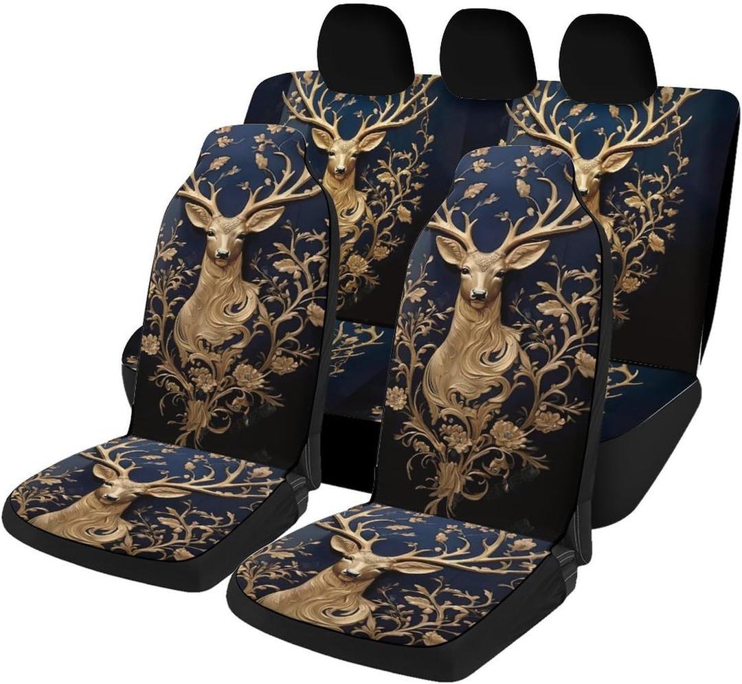 5 Pcs Premium Deer Car Seat Cover, Breathable & Washable Car Seat Covers Full Sets, Fashionable Printed Seat Covers for Cars Interior, Universal Fit for Most Cars, Sedan, Truck, SUV