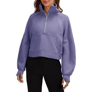 Women's Sweatshirts Half Zipper Crop Pullover Funnel Neck Fleece Lined Zip Up Long Sleeve Tops Thumb Hole Purple