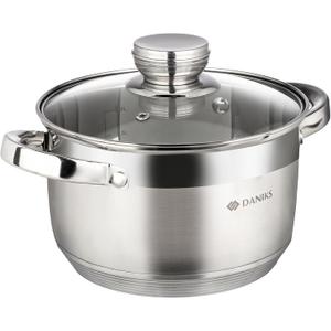 Daniks Standard 3 Quart Stainless Steel Stock Pot with Glass Lid, Tri-Ply Bottom for Even Heating, Induction Compatible, Dishwasher Safe, Built-In Measuring Scale, Silver