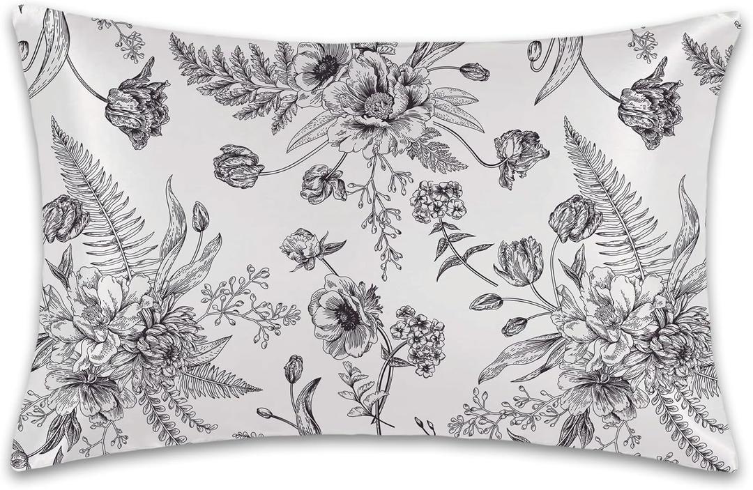 Satin Pillowcase 1 Pack-Black and White Peony Tulips Vintage Floral Silky Pillow Cover for Hair and Skin,King Size 20x36 Inch Soft Cooling Printed Pillow Cases with Hidden Zipper,Gifts for Women Men