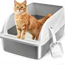 Stainless Steel High Sides Cat Litter Box with Scoop, Open Top Litter Pan for Indoor Cats, Easy to Clean, Reduced Litter Scatter, Medium