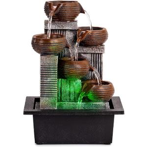 Father'sDen Collection Indoor Fountains and Waterfalls from 5-Tiered Pots-12H Tabletop Water Fountain-Desk Fountain-Office Decor with Audible Calming Waterfall Sounds-Zen Fountain with Color Lights