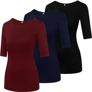 Huukeay 3 Pack Women's Half Sleeve Tops 1/2 Sleeve T-Shirt Womens Basic Round Neck Slim Fit Tight Casual Elbow Summer Tees Large