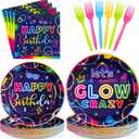 Grencian 96Pcs Neon Party Supplies Let's Glow Party Decorations Glow In The Dark Colorful Plates and Napkins Tableware Neon Birthday Decorations for Baby Shower Game Black Night Themed Favors Serve 24